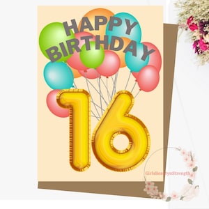 16.Geburtstagskarte für Sohn Kind Mädchen Junge Bruder Schwester Enkel Freund Happy Party Ballon Instant Download, mit Umschlag, 5 "x 7"