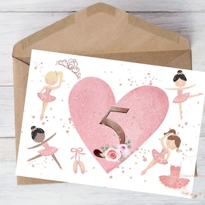 Biglietto di auguri di compleanno per 5 anni, ballerina, stampabile per figlia, bambina, sorella, nipote, 5 anni, ballerina di danza classica, principessa, da scaricare, con busta, 5"x7"
