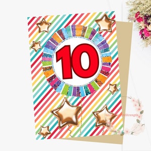 Biglietto di auguri di compleanno con palloncino per il 10° compleanno, stampabile per bambini, figli, amiche, adolescenti, biglietti di auguri per bambini di 10 anni, arcobaleno, stelle colorate, download wEnvelope, 5"x7"