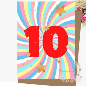 Biglietto di auguri stampabile per il decimo compleanno di un bambino, figlio o figlia, biglietto di auguri per l'anniversario di un bambino, spirale, arcobaleno, stella colorata, download wEnvelope, 5"x7"