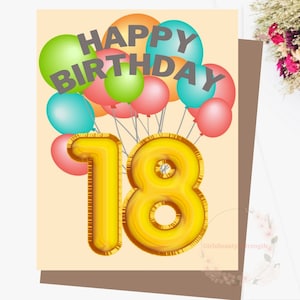 Biglietto di auguri stampabile per il 18° compleanno di un figlio, ragazzo, ragazza, sorella, fratello, nipote, amico, palloncini, download immediato, con busta, 5"x7"