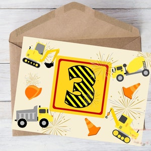 Cartão de caminhão de 3º aniversário para menino, filho, bebê, criança, neto, para impressão, três anos, caminhão basculante, construção, fogos de artifício, download, com envelope, 5" x 7"