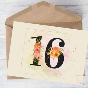 Biglietto di auguri stampabile per il 16° compleanno di una figlia, amica, sorella, dolce 16 anni, elegante, con fiori, semplice e grazioso, da scaricare, con busta, 5"x7"