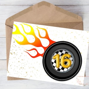 Carte d'anniversaire imprimable pour fils, 16 ans, Sweet 16, carte d'anniversaire pour garçon, lui, frère, petit-fils, ami, pneu, voiture, feu, téléchargement, avec enveloppe, 5 x 7 po.