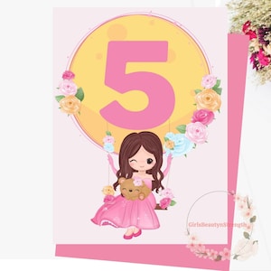 Carte 5 ans imprimable pour fille, enfant, petite amie, soeur, 5 ans, lune, rose, princesse, fille et ours à télécharger, avec enveloppe, 5 x 7 po.