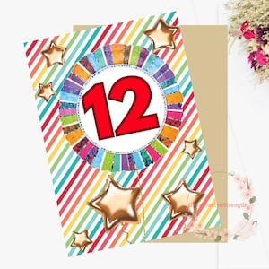 12e ballon carte d'anniversaire imprimable pour enfant fils fille ami adolescent douze ans carte arc-en-ciel coloré étoile Télécharger wEnvelope, 5 "x 7"