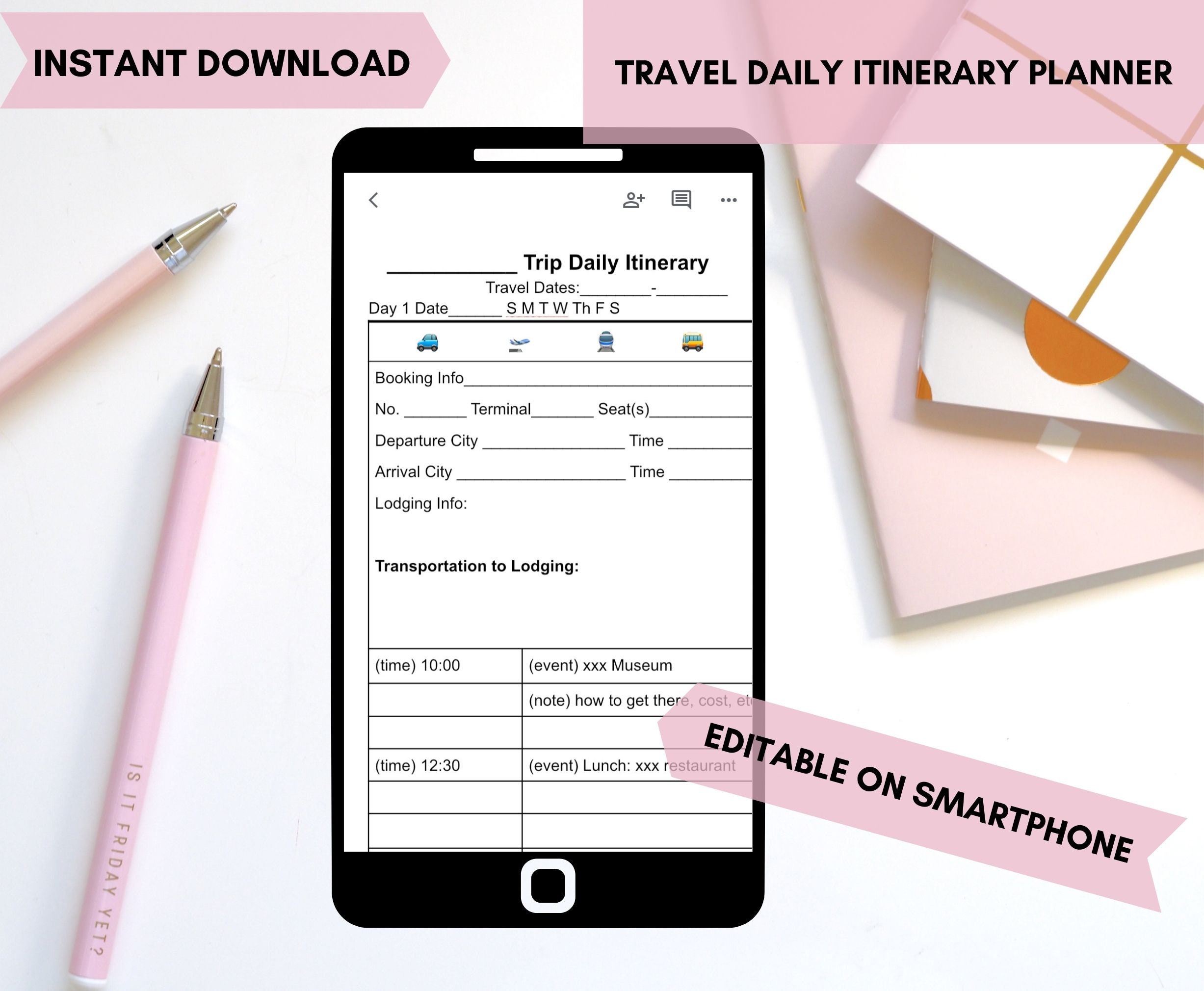 Printable Trip Itinerary Planner Template for Google Docs, Editable