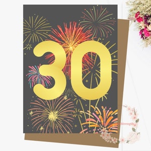 Tarjeta de cumpleaños número 30 para imprimir para esposo, novio, hijo, hermano, amigo, esposa, descarga de treinta fuegos artificiales, con sobre, 5” x 7”