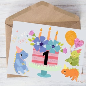 Imprimable 1er anniversaire carte pour bébé enfant fils fille petit-enfant un an carte dinosaure gâteau ballons à télécharger, avec enveloppe, 5 x 7 po.