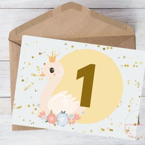 Carte d'anniversaire imprimable pour bébé, fils, garçon, petit-fils, fille, un an, cygne, fleur, paillettes, téléchargement, avec enveloppe, 5 x 7 po.