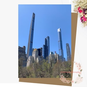 Cartão de nota com foto de Nova York para impressão, cartão de viagem em branco, cartão de aniversário panorâmico, horizonte do Central Park de Nova York, download, amante de viagens, com envelope 5" x 7"