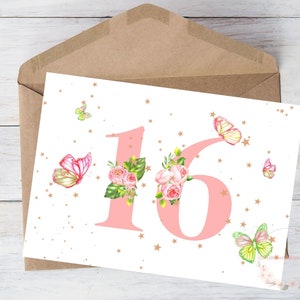 16. Geburtstagskarte zum Ausdrucken für Tochter Mädchen Sweet 16 Alter 16 Geburtstagskarte Freund Schwester Schmetterling Blumen Download, mit Umschlag, 5 "x 7"