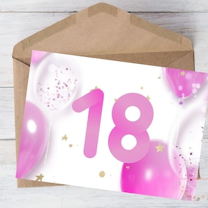 Cartão de aniversário de 18 anos para filha Cartão de aniversário para impressão para criança Menina Namorada Irmã Amiga Balões de estrela rosa Download, com envelope, 5 "x7"