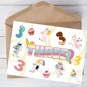 Einhorn Geburtstagskarte 3 Jahre alt für Mädchen Tochter Kind Sohn Enkel Junge Geburtstagskarte Cupcake Gold Ring, mit Umschlag, 13x18 cm