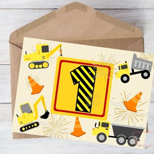 Carte d'anniversaire imprimable pour bébé, fils, garçon, petit-fils, fille, un an, téléchargement, construction de camion à benne basculante, avec enveloppe, 5 x 7 po.