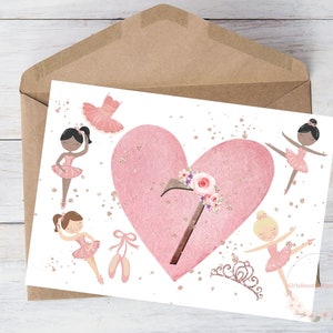 7 Year Old Birthday Card Printable Ballerina for Daughter Girl Kid Sister Friend 7th Ballet Shoe Dancer Princess Download, w/Envelope, 5"x7"