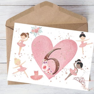 Carte d'anniversaire imprimable 6 ans, ballet pour fille, enfant, fille, soeur, ami, 6e, danseuse, ballerine, princesse, téléchargement, avec enveloppe, 5 x 7 po.