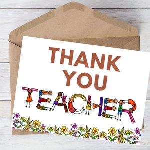 Afdrukbare bedankkaart voor de leraar Basisschool bedankkaart voor kinderen Bedankkaart voor kinderen schattige bloem download, met envelop, 5 x 7 inch
