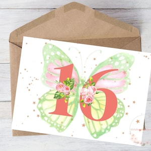 16.Geburtstagskarte Schmetterling für Tochter Mädchen Sweet 16 Alter 16 Geburtstagskarte Freund Schwester Rose Stern Download, mit Umschlag, 13x18cm