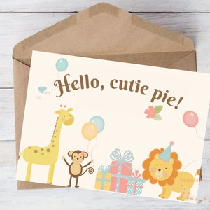 Carte de baby shower, animaux mignons, imprimable pour fille, enfant, garçon, anniversaire, mignon, carte, girafe, lion, singe, téléchargement, avec enveloppe, 5 x 7 po.