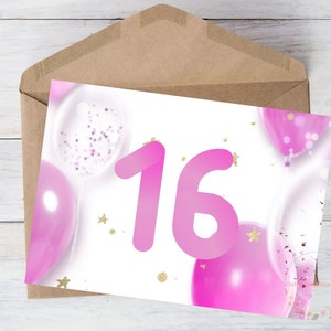 Cartão de aniversário de 16 anos para impressão para filha, cartão de 16 anos para criança, menina, irmã, amiga, balões de estrela rosa para download, com envelope, 5" x 7"