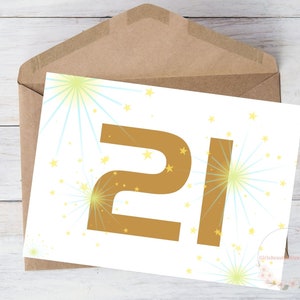 21 Geburtstagskarte für Sohn Tochter Enkelkind ihn Her Freund Feuerwerk Goldene Geburtstagskarte Sofortiger Download, mit Umschlag, 13x18cm