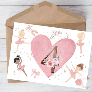 4.Geburtstagskarte druckbar Ballett für Tochter Mädchen Kind Schwester Freund 4 Jahre alt Ballerina Schuh Tänzerin Prinzessin Karte, mit Umschlag, 13x18 cm