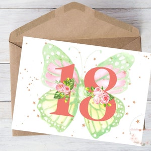 18.Geburtstagskarte Schmetterling für Tochter Mädchen Alter 18 Jahre alt Geburtstagskarte Freund Schwester Rose Stern Download, mit Umschlag, 13x18cm