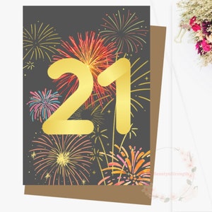 Druckbare 21. Geburtstagskarte für Sohn 21 Geburtstagskarte für Freund ihn Freund ihre Schwester Frau Feuerwerk Karte Download, w/Umschlag, 5 "x 7"