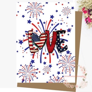 Afdrukbare Onafhankelijkheidsdag 4 juli-kaart Veterans Day Memorial Day Patriottische feestdag VS liefde vuurwerk downloaden, met envelop 5" x 7"
