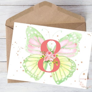 8.Geburtstagskarte für Kinder Mädchen Tochter Schmetterling Printable Enkelin Rose Sterne Sofort Download, mit Umschlag, 13x18cm