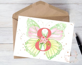 8th Birthday Card, Green Butterfly Rose Star, Printable, w/Envelope, 5"x7" (Digital Download)