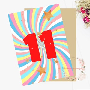 11e carte d'anniversaire imprimable pour garçon fils, enfant, petite amie, adolescent, 11 ans, spirale, arc-en-ciel, étoiles colorées, téléchargement, avec enveloppe, 5 x 7 po.