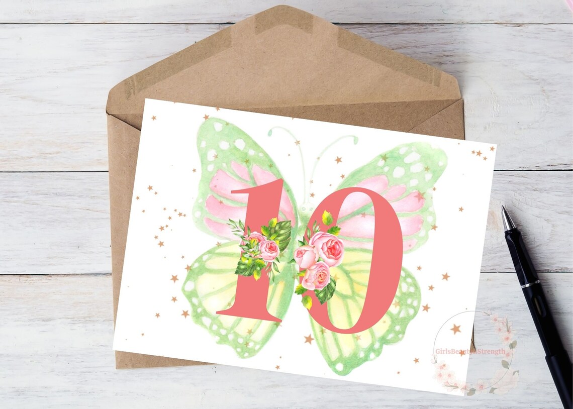 10th Birthday Card, Green Butterfly Rose Star, Printable, W/envelope, 5 ...