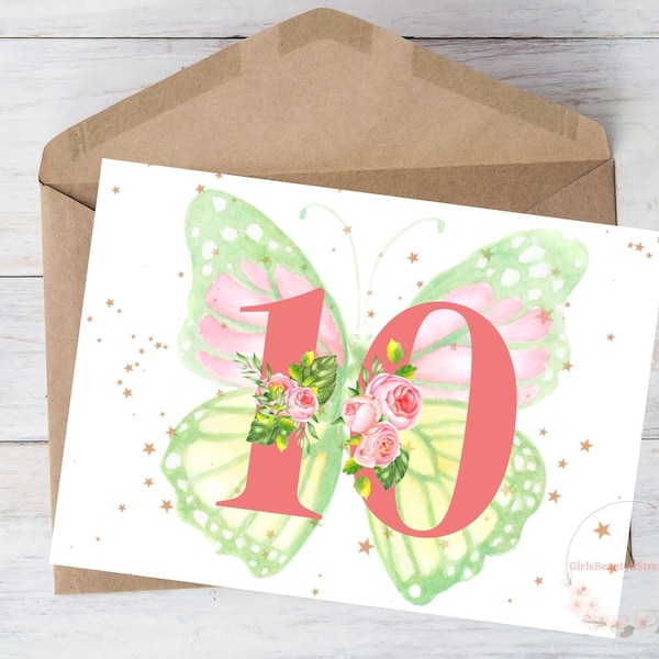 Printable 10th Birthday Card for Kids Girl Daughter Butterfly 10th Anniversary Card Friend Granddaughter Digital Download, w/Envelope, 5"x7"