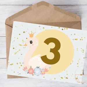 3.Geburtstagskarte für Tochter Sohn Junge Mädchen Kind Schwester Bruder Schwan Mond Blume Glitter Download, 3 Jahre alt, mit Umschlag, 13x18cm