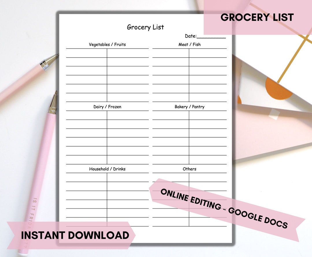 Printable Grocery List Editable Grocery List Template Task List Google ...
