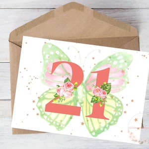 21 Geburtstagskarte Schmetterling für Tochter Freundin Schwester 21 Jahre alt,Geburtstagskarte Rose Sterne Download, mit Umschlag, 13x18cm