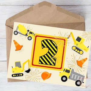 2e carte d'anniversaire pour enfant, fils, petit-fils, fille, imprimable, deux ans, camion-benne, travaux de construction, feux d'artifice, téléchargement, avec enveloppe, 5 x 7 po.