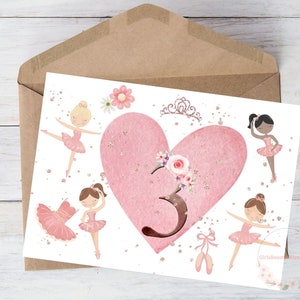 3rd Birthday Card Printable Ballet for Daughter Girl Kid Sister Friend 3 Year Old Ballerina Shoe Dancer Princess Download, w/Envelope, 5"x7"