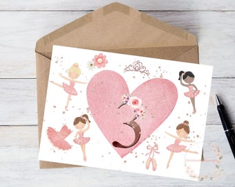 Carte d'anniversaire imprimable pour fille, enfant, soeur, amie, 3 ans, ballerine, chaussure, danseuse, princesse, téléchargement, avec enveloppe, 5 x 7 po.