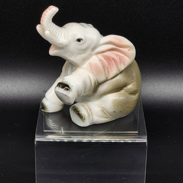 Vintage Bone China Trunk Up Elephant Figurine, White and Grey w/ Pink Accents