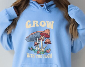 Grow With The Flow Hoodie, Oversized Hoodie, Retro Hoodie, Mushroom Hoodie, Groovy, Trendy, Gift for Her, 70s, Moon, Vintage, Astrology