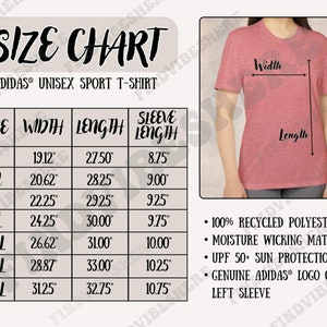 May include: A size chart for an Adidas unisex sport t-shirt. The chart shows measurements for sizes S through 4XL, including width, length, and sleeve length in inches. The shirt is made of recycled polyester and has moisture-wicking material.