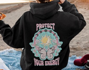 Protect Your Energy Hoodie, Butterfly Lover, Oversized Hoodie, Retro Hoodie, Trendy, 70s, Moon Phases, Vintage, Astrology Hoodie