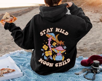 Stay Wild Moon Child Hoodie, Oversized Hoodie, Retro Hoodie, Mushroom Hoodie, Groovy, Trendy, Gift for Her, 70s, Moon, Vintage, Astrology