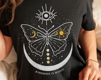 Kindness Is Magic Shirt, Butterfly Tshirt, Celestial, Astrology Shirt, Trendy, Mystical, Spiritual, Sun and Moon, Be Kind
