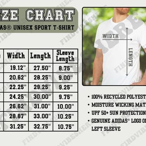 May include: Size chart for a unisex Adidas sport t-shirt. The chart shows the width, length, and sleeve length in inches for sizes S through 4XL. The chart also includes information about the fabric composition, moisture-wicking properties, UPF sun protection, and the Adidas logo on the left sleeve.