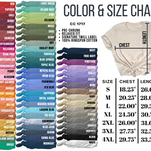 May include: Color and size chart for t-shirts with a variety of colors and sizes. The chart shows the chest and length measurements in inches for sizes S, M, L, XL, 2XL, 3XL, and 4XL. The text on the chart says "Pre-shrunk, Relaxed Fit, Signature Twill Label, 100% Ringspun Cotton."