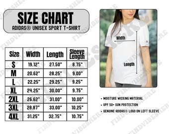 May include: Size chart for a unisex Adidas sport t-shirt. The chart shows the size, width, length, and sleeve length in inches for sizes S through 4XL.